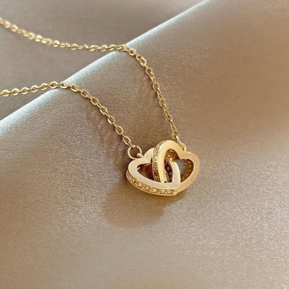 Gold Plated Stainless Steel Double Heart Necklace | CZ Accents